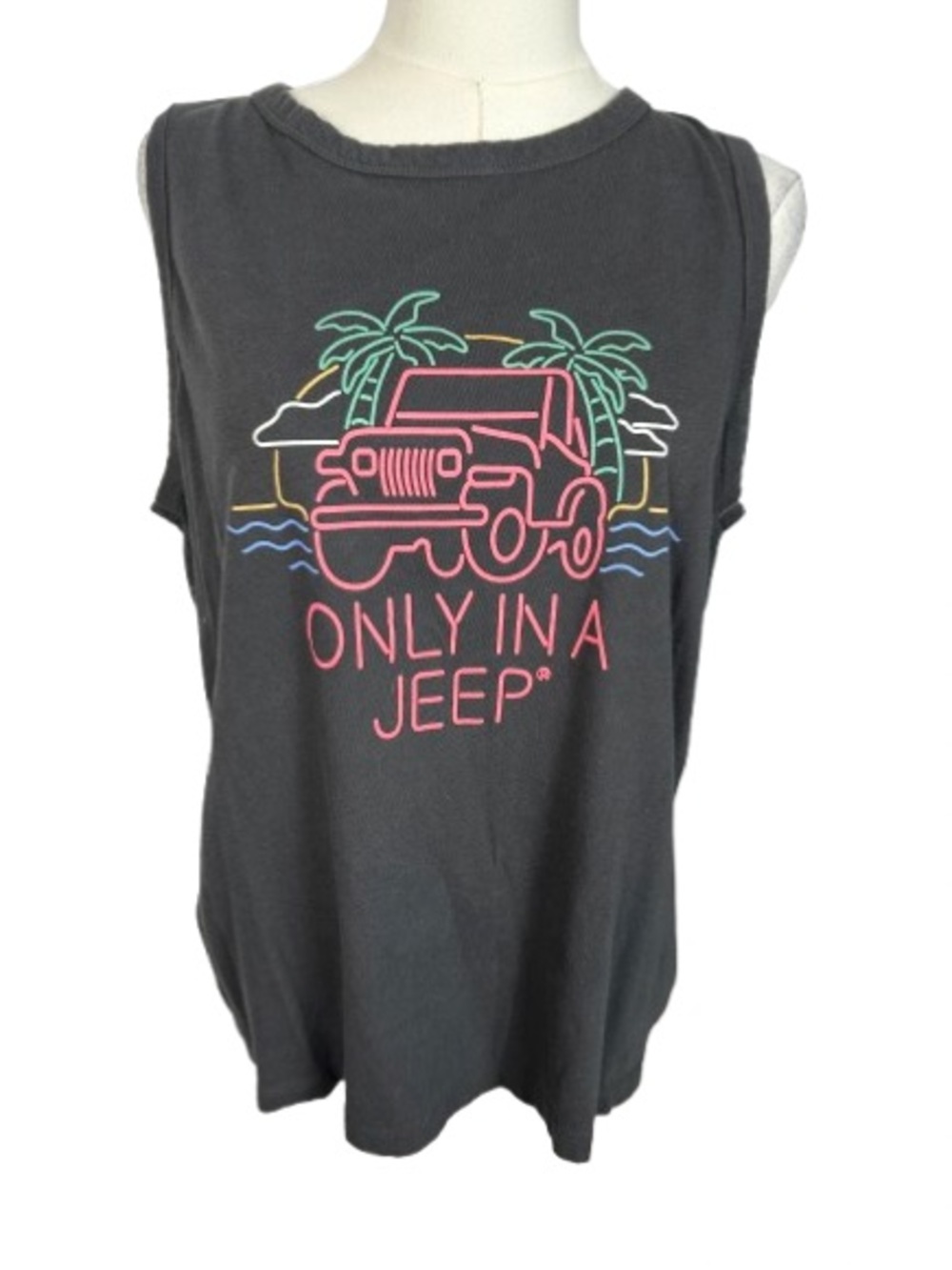 Lucky Brand Charcoal Muscle Tank with Neon Jeep Graphic